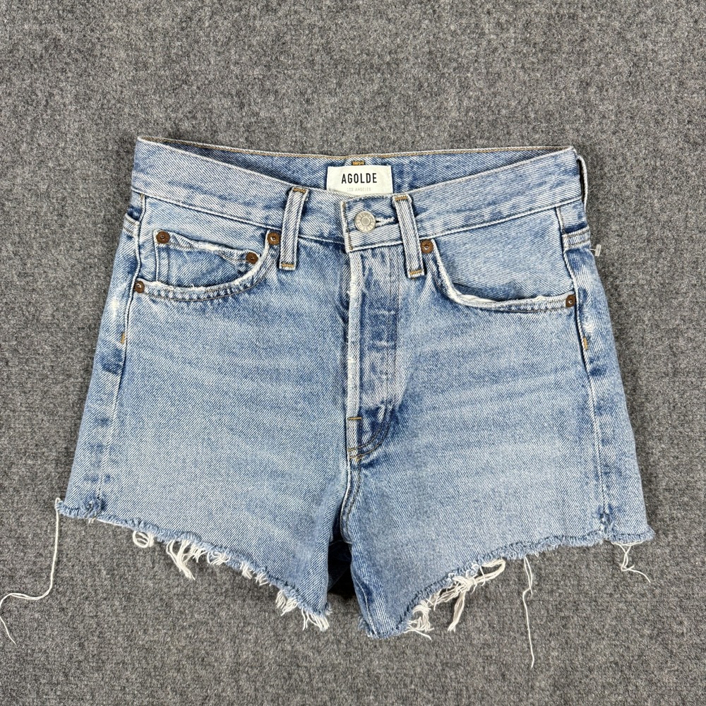 AGOLDE Parker Long Jean Shorts Jorts Hi Rise Mid Wash Blue Rigid Cotton Size 22